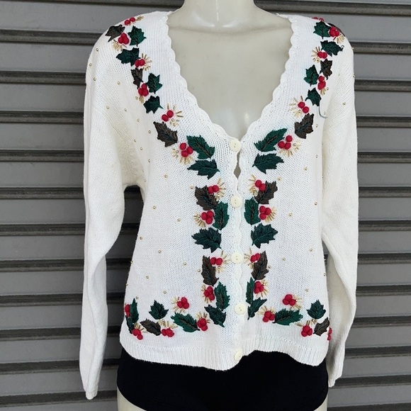 Vintage Dress Barn Beaded Long Sleeve White Christmas Cardigan Sweater Size M - Picture 3 of 8
